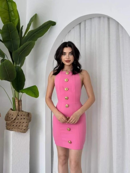 Katalina Gül Düğmeli Elbise - 5