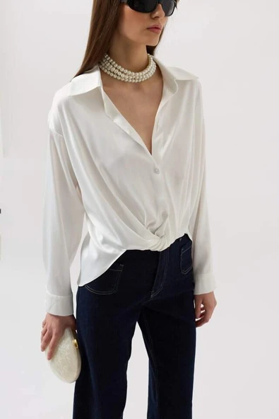 Bel Büzgülü Crop Saten Gömlek - 4