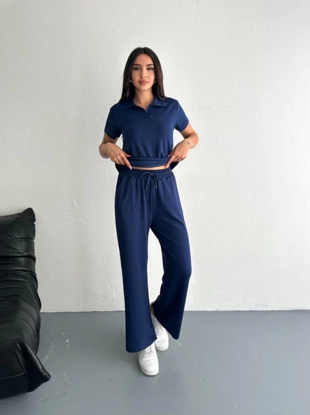 Osy Modal Yumuşak Dokulu Kumaş Kısa Kollu Yakalı T-shirt Pantalon Ikili Takım- Lacivert - 4