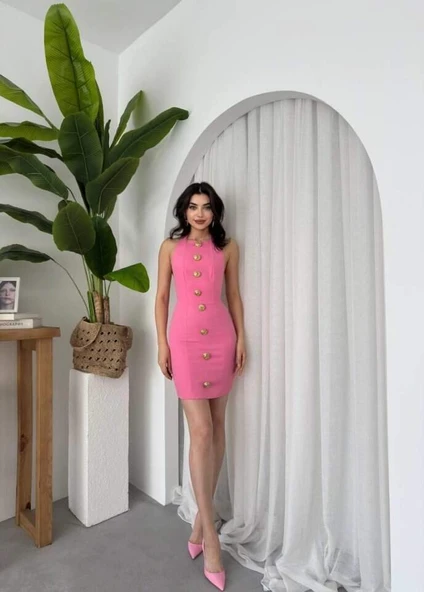 Katalina Gül Düğmeli Elbise - 4
