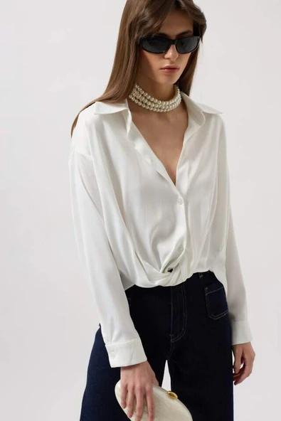 Bel Büzgülü Crop Saten Gömlek - 3