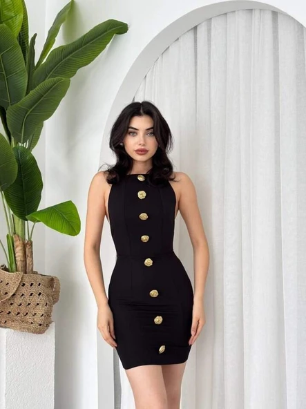 Katalina Gül Düğmeli Elbise - 5