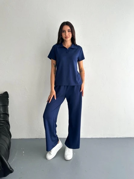 Osy Modal Yumuşak Dokulu Kumaş Kısa Kollu Yakalı T-shirt Pantalon Ikili Takım- Lacivert - 3