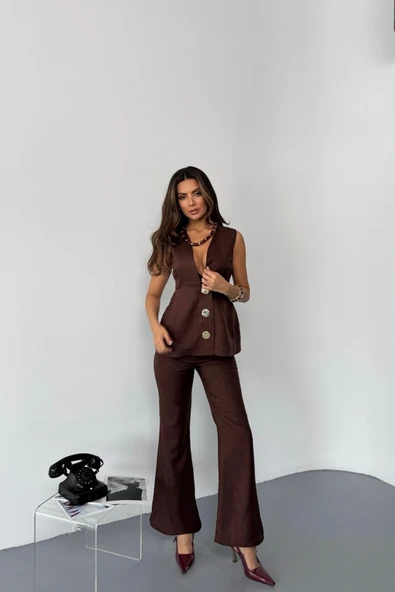 KETEN GOLD DÜĞMELİ YELEK - PANTOLON TK - Kahverengi
