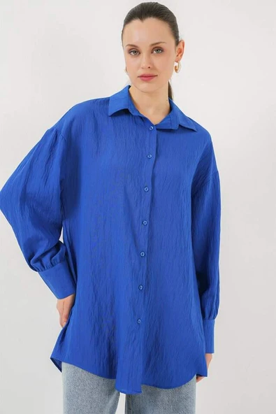 Çizgili Uzun Gömlek Tunik 5963 - Saks - 4