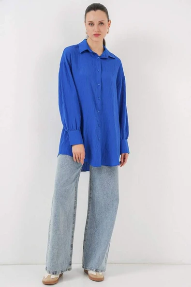Çizgili Uzun Gömlek Tunik 5963 - Saks - 2