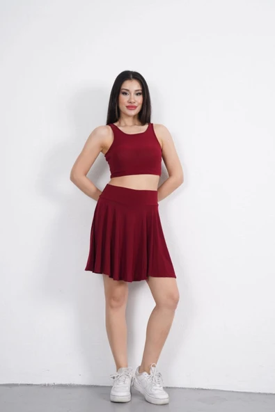 Sendy Kumaş Bisiklet Yaka Crop Şortlu Etek Ikili Takım - Bordo - 2