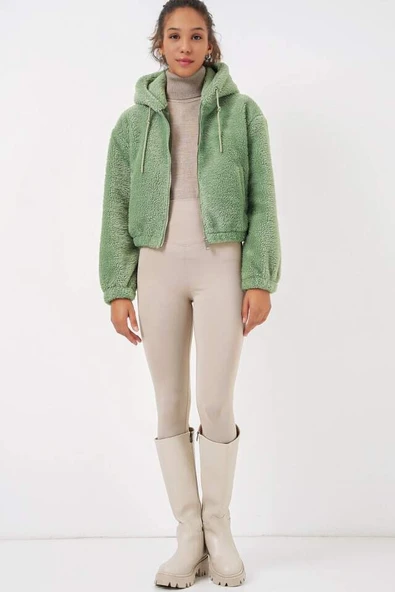 5193 Kapüşonlu Peluş Crop Ceket - E.Yeşil - 3