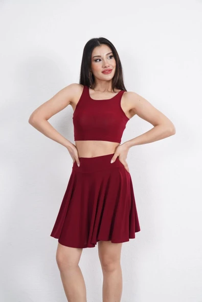 Sendy Kumaş Bisiklet Yaka Crop Şortlu Etek Ikili Takım - Bordo - 4