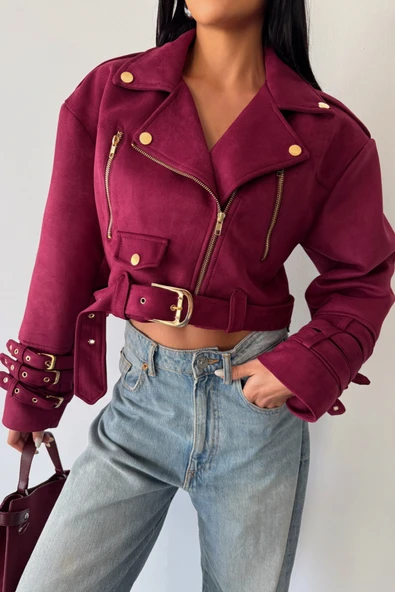 SÜET CROP CEKET KOL 3 KEMER DETAYLI - Bordo - 3