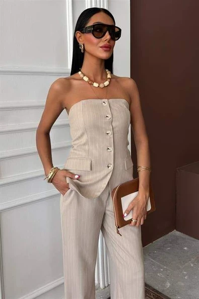 Straplez Büstiyerli Plazzo Pantolonlu Çizgili Takım 10151 - 2