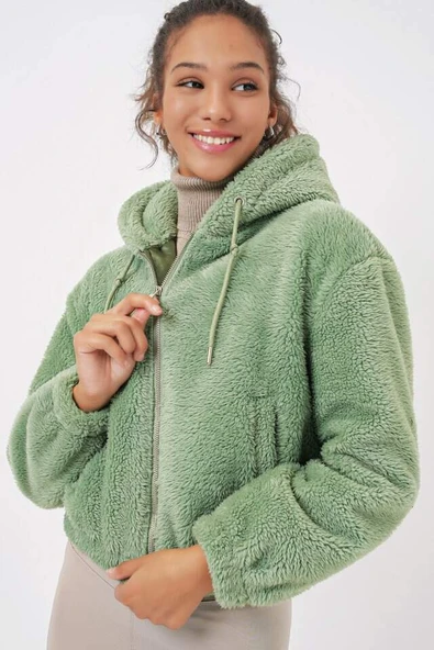 5193 Kapüşonlu Peluş Crop Ceket - E.Yeşil - 4