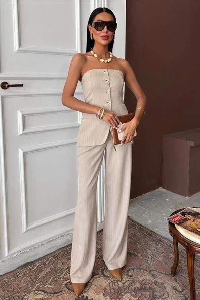 Straplez Büstiyerli Plazzo Pantolonlu Çizgili Takım 10151 - 6