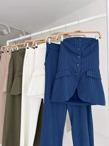 Straplez Büstiyerli Plazzo Pantolonlu Çizgili Takım 10151 - 9