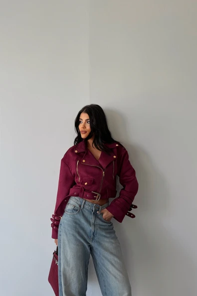 SÜET CROP CEKET KOL 3 KEMER DETAYLI - Bordo - 2