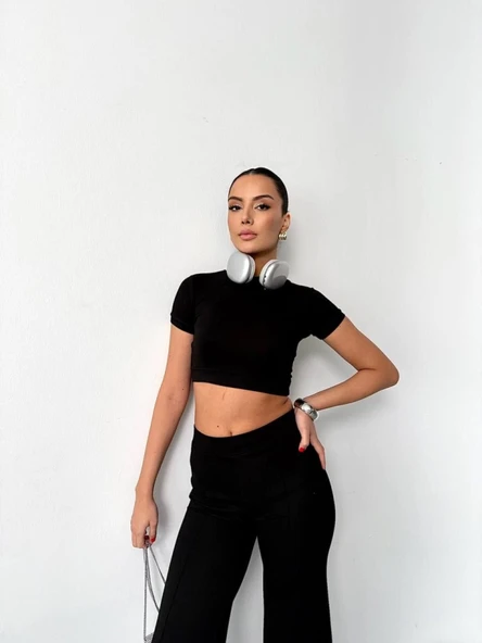 Osy Modal Yumuşak Dokulu Kumaş Kısa Kollu Crop Alt Ispanyol Paça Pantalon Ikili Takım - Siyah - 2