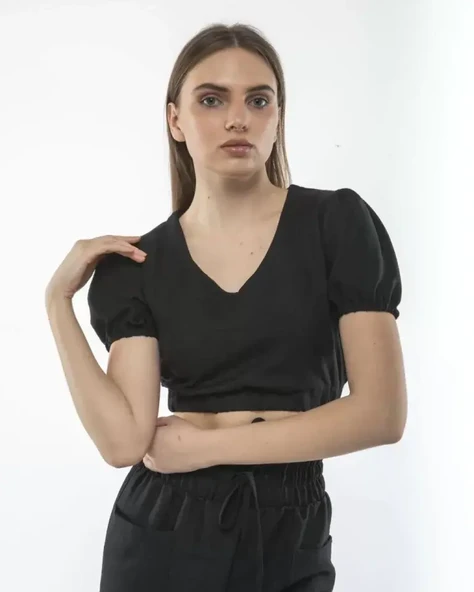 Kadin Keten Pantalon Ve Crop Takım - Siyah - 2