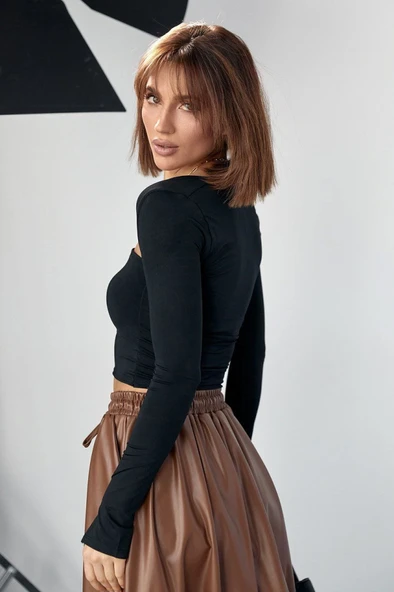 Kara Yaka Uzun Kollu Crop - Siyah - 3