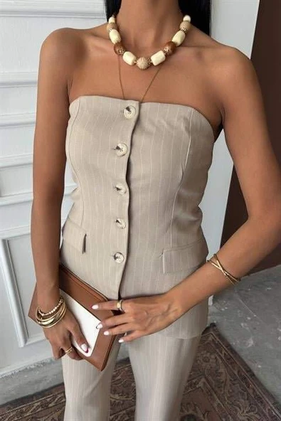 Straplez Büstiyerli Plazzo Pantolonlu Çizgili Takım 10151 - 7