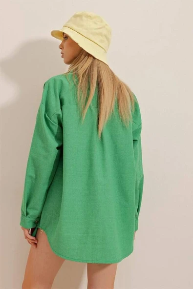Kadın Keten Kumaş Oversize Gömlek - 3