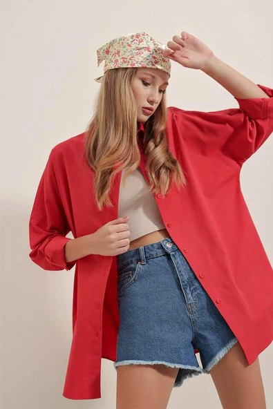 3900 Oversize Uzun Basic Gömlek - Kırmızı - 3