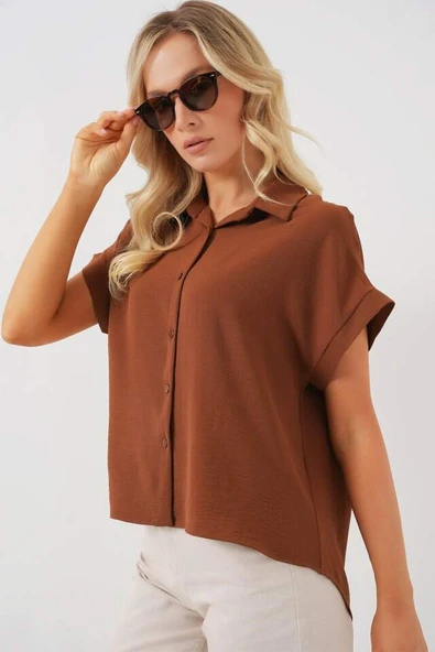 Oversize Kısa Kol Gömlek 20322 - Taba - 3