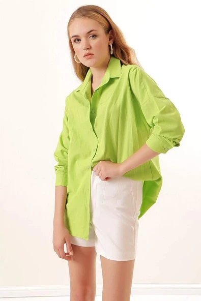3900 Oversize Uzun Basic Gömlek - G.Yeşil - 2
