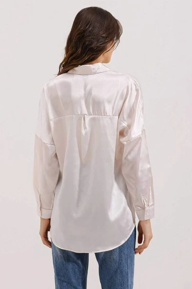 3985 Oversize Saten Gömlek - Bej - 4