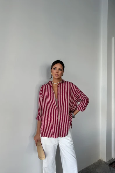 ÇİZGİLİ GÖMLEKKETEN - Bordo - 4