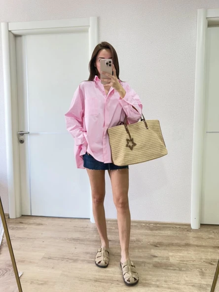 Yakalı Yandan Yırtmaçlı Gömlek - Pembe - 4