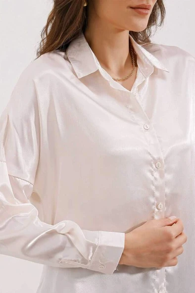 3985 Oversize Saten Gömlek - Bej - 3