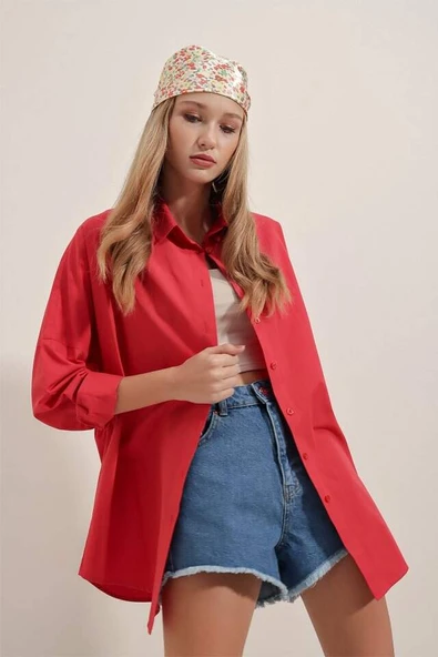 3900 Oversize Uzun Basic Gömlek - Kırmızı - 2