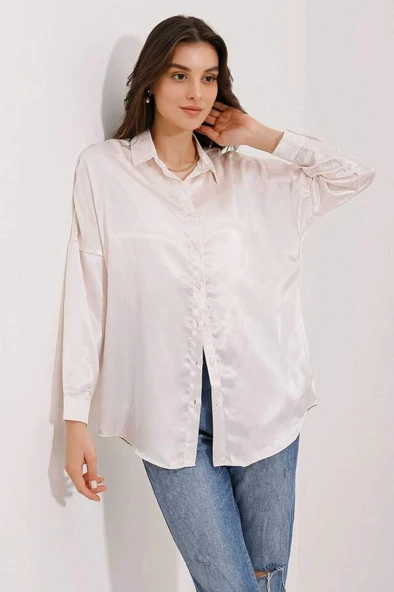 3985 Oversize Saten Gömlek - Bej - 2