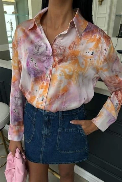 Batik Desenli Saten Gömlek 3409 - 5
