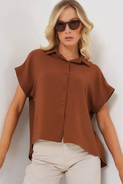Oversize Kısa Kol Gömlek 20322 - Taba - 4