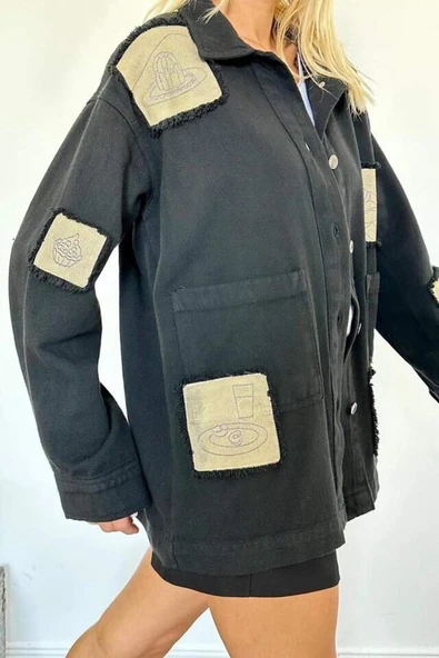 Siyah Gabardin Arma Detaylı Gömlek Ceket - 3