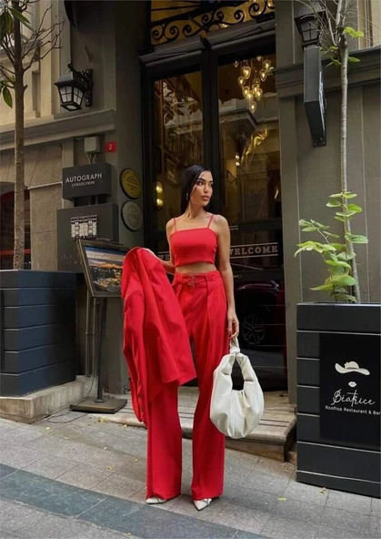 KOL 4 DÜĞME -  BÜSTİYERLİ 3 CEKET PANTOLON TAKIM - Nar - 2