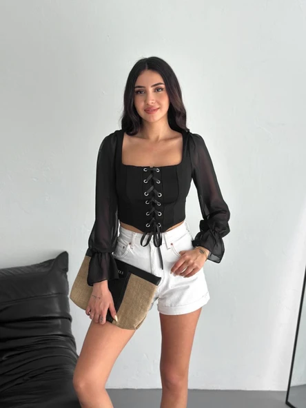 Sırt Dekolteli Bağacıklı Uzun Kollu Bluz - Siyah - 3