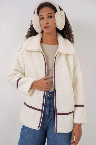 5173 Astarlı Peluş Ceket - Mürdüm - 3