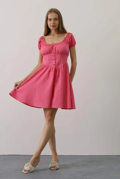 Beli Korseli Mini Elbise - Fuşya - 3