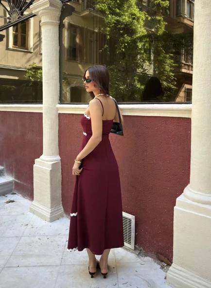 Askılı Uzun Şerit Detaylı Şık Ve Rahat Elbise - Bordo - 4