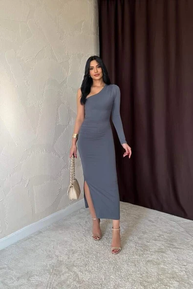 Gri Büzgü Detaylı Tek Omuz Elbise - 3