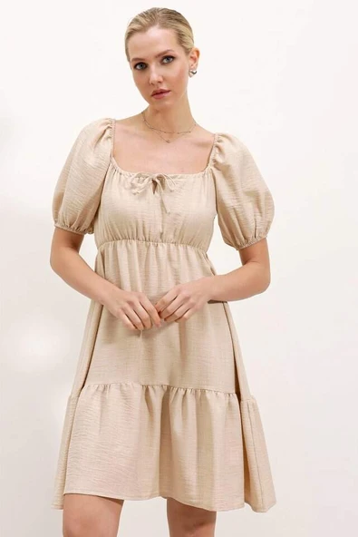 2351 Kloş Poplin Elbise - Krem - 2