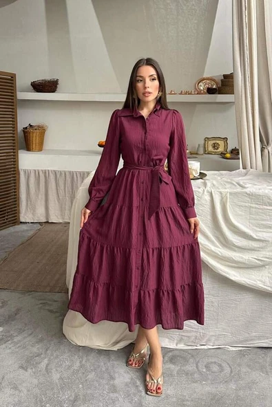 Bordo Çizgi Desenli Uzun Elbise