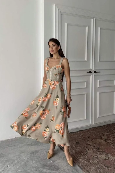 Haki İnce Kemer Detaylı Elbise - 4