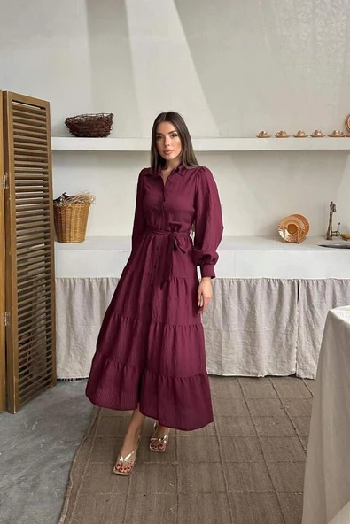 Bordo Çizgi Desenli Uzun Elbise - 2