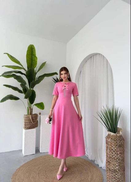 Wera Taşlı Fiyonk Detaylı Elbise - 4