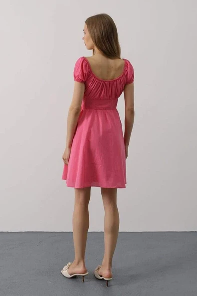 Beli Korseli Mini Elbise - Fuşya - 4