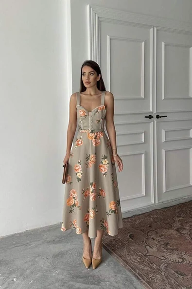 Haki İnce Kemer Detaylı Elbise - 2