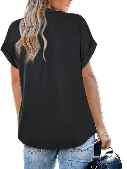 Kadın Kısa Kollu Yakalı Uzun Sandy Bluz - 4
